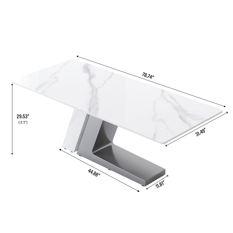 78.74" Modern Artificial Stone Straight Panel, Metal Legs, Can Accommodate 8 People, (Not Including Chairs) - White / Gray