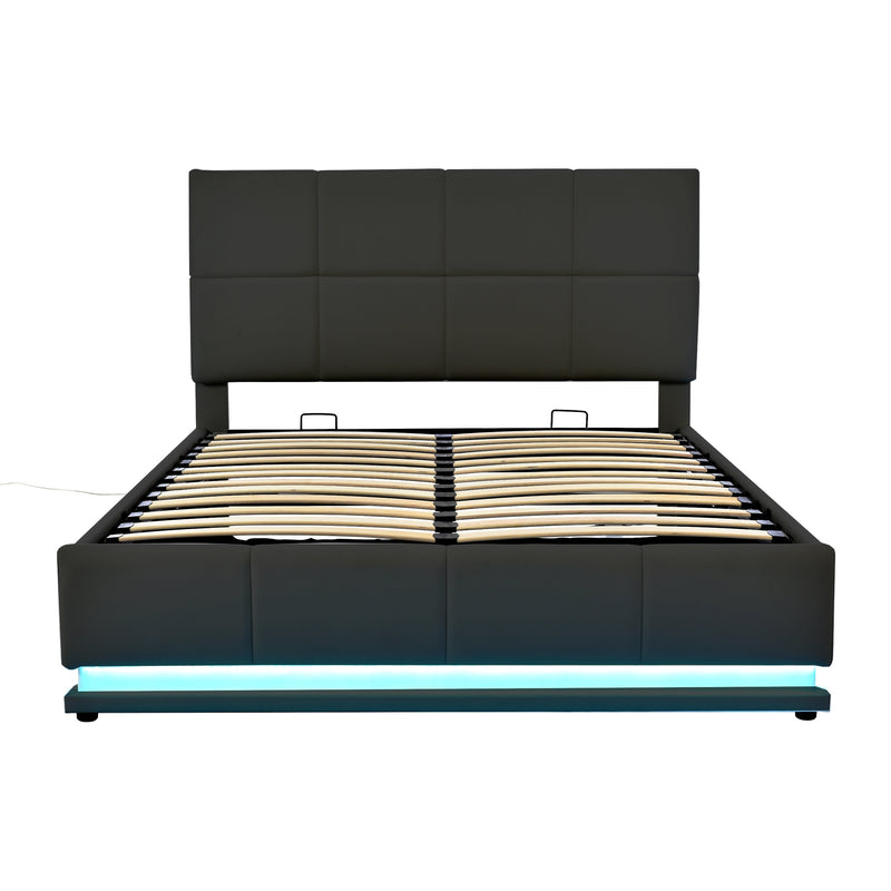 Tufted Upholstered Platform Bed with Hydraulic Storage System,Queen Size PU Storage Bed with LED Lights and USB charger, Black