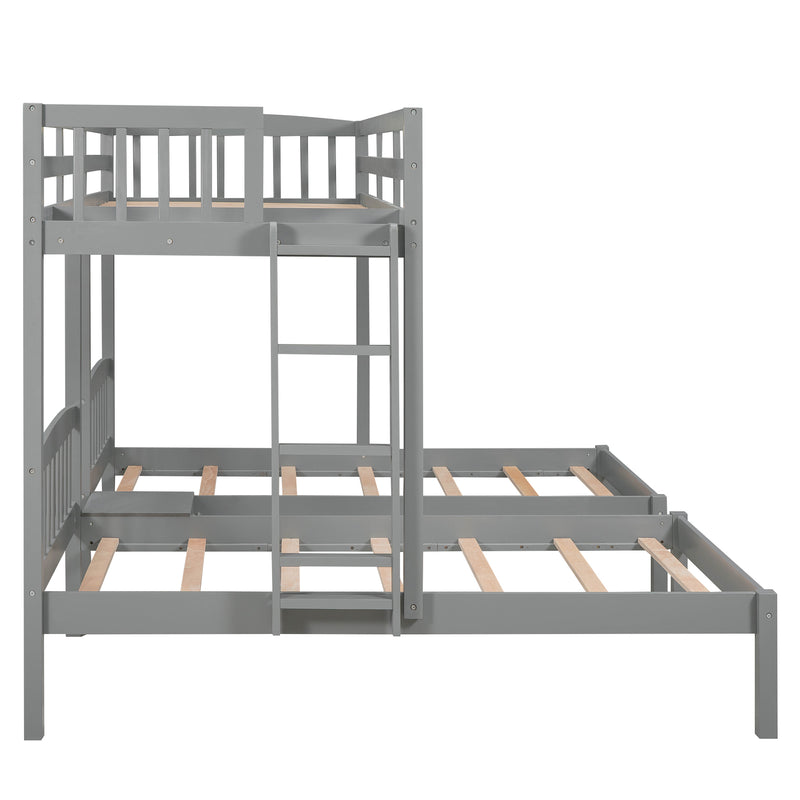 Twin over Twin & Twin Bunk Bed with Built-in Middle Drawer, Gray