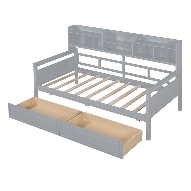 Daybed, Wood Slat Support, With Bedside Shelves And Two Drawers