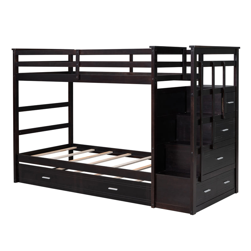 Twin Over Twin Bunk Bed with Trundle and Staircase,Espresso(OLD SKU:LT000068AAP)