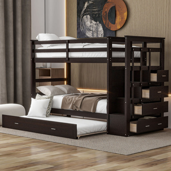 Twin Over Twin Bunk Bed with Trundle and Staircase,Espresso(OLD SKU:LT000068AAP)