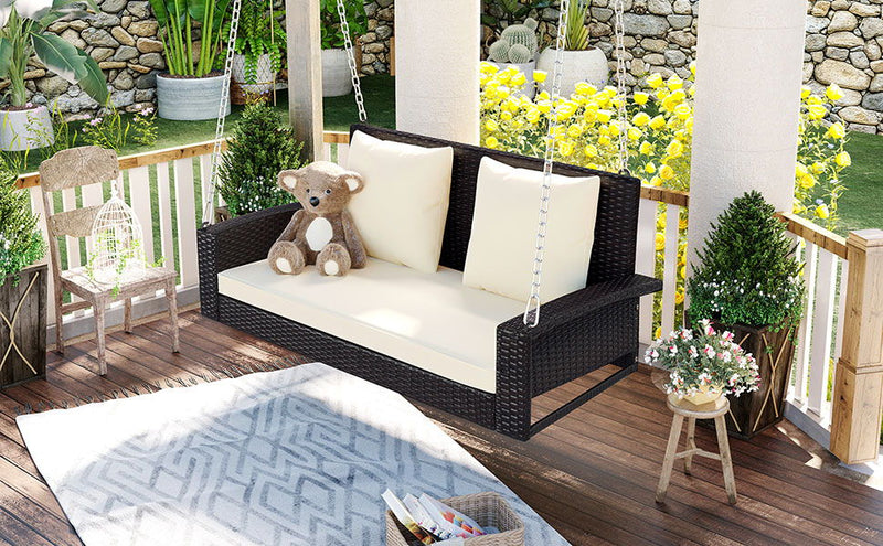 2 Person Wicker Hanging Porch Swing With Chains, Cushion, Pillow, Rattan Swing Bench For Garden, Backyard