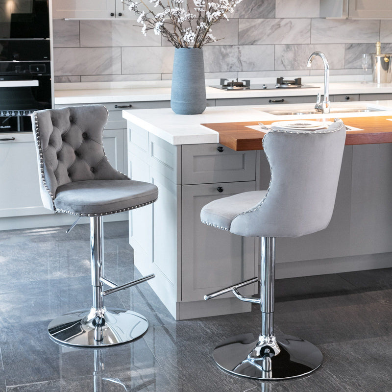 Swivel Velvet Barstools Adjusatble Seat Height From 25-33", Modern Upholstered Chrome Base Bar Stools With Backs Comfortable Tufted For Home Pub And Kitchen Island (Set of 2)