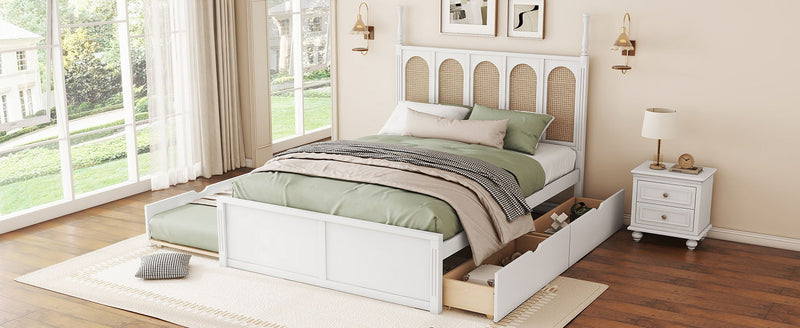 Rattan Platform Bed With With 2 Big Drawers With Trundle