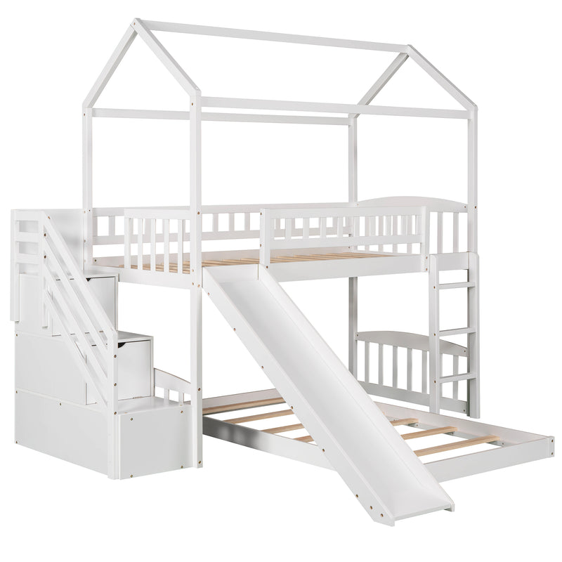 Twin Over Twin Bunk Bed with Two Drawers and Slide, House Bed with Slide, White(OLD SKU :LP000129AAK)