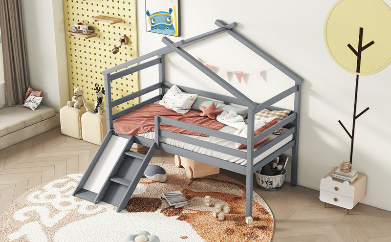 Twin Low Loft House Bed with Slide,  Ladder, Safety Guardrails, House Roof Frame,Grey