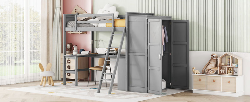 Twin Size Loft Bed With Desk, Shelves And Wardrobe - Gray