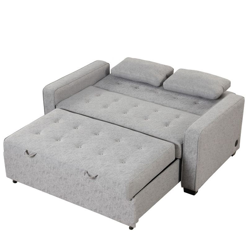 Upholstered Sleeper Bed, Pull Out Sofa Bed Couch Attached Two Throw Pillows, Dual USB Charging Port And Adjustable Backrest For Living Room Space - Gray