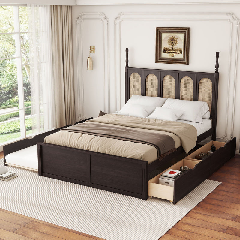 Rattan Platform Bed With With 2 Big Drawers With Trundle