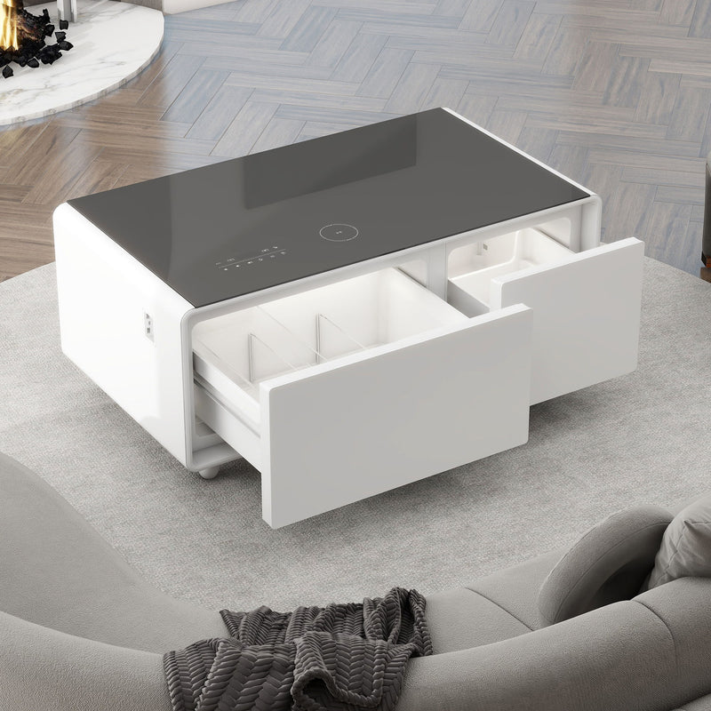 Modern Smart Coffee Table With Built-In Fridge, Bluetooth Speaker, Wireless Charging, Touch Control Panel, USB Ports, Outlet Protection, Atmosphere Light - White