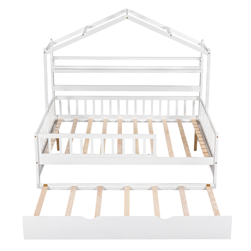 Wooden Full Size House Bed with Twin Size Trundle,Kids Bed with Shelf, White