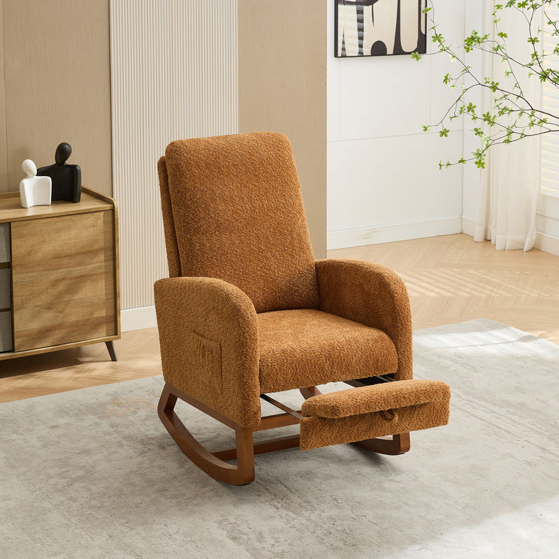 Rocking Chair For Nursery, High Back Glider Chair With Retractable Footrest, Side Pocket, Rocking Accent Armchair With Rubber Wood Legs For Living Room / Bedroom