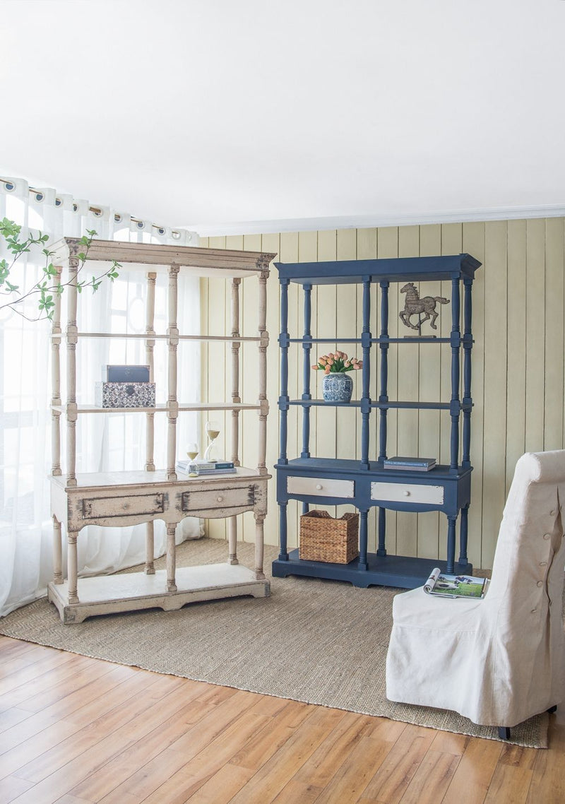 Four Tiered Wooden Shelf With Two Drawers, Farmhouse Wood Bookcase Display Storage Shelf Etageres - Antique Navy Blue