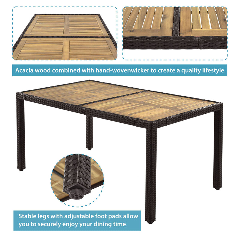 Outdoor Patio Dining Set, Garden PE Rattan Wicker Dining Table And Chairs Set, Acacia Wood Tabletop, Stackable Armrest Chairs With Cushions