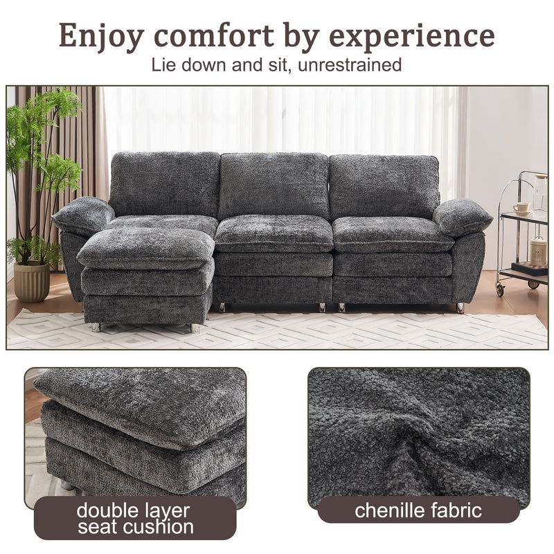 Modern Deep 3-Seat Sofa Couch With Ottoman, Polyester Sofa Sleeper Comfy Upholstered Furniture For Living Room, Apartment, Studio, Office