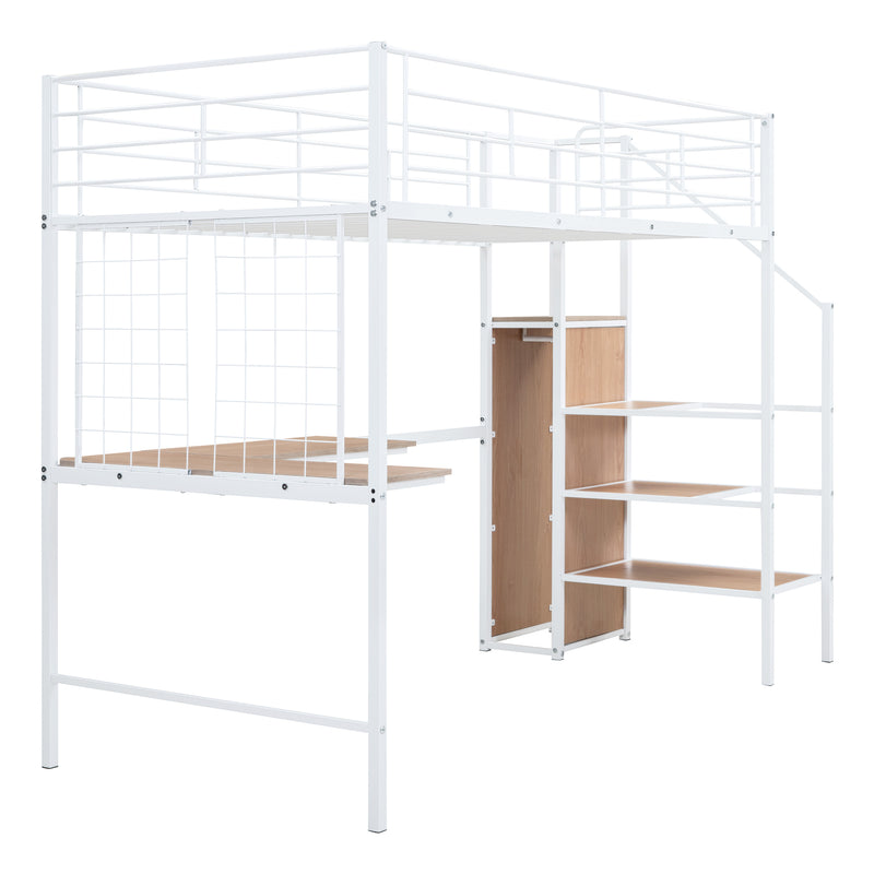 Twin Size Metal Loft Bed with Desk and Metal Grid, Stylish Metal Frame Bed with Lateral Storage Ladder and Wardrobe, White