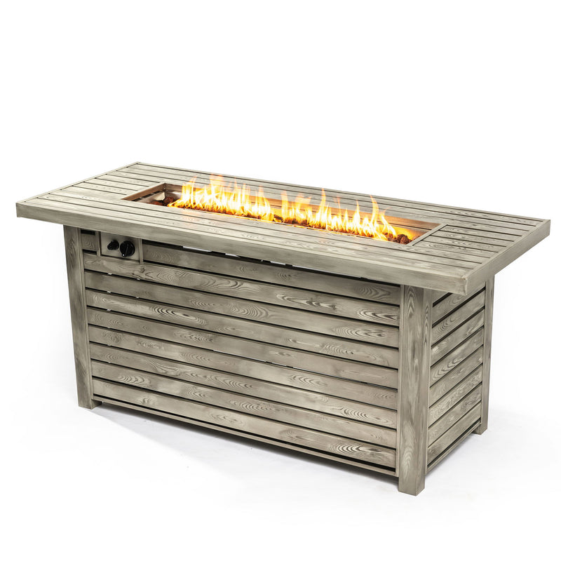 54" Outdoor Fire Table Steel Fire Pit Table With Wood Grain Surface - Light Beige