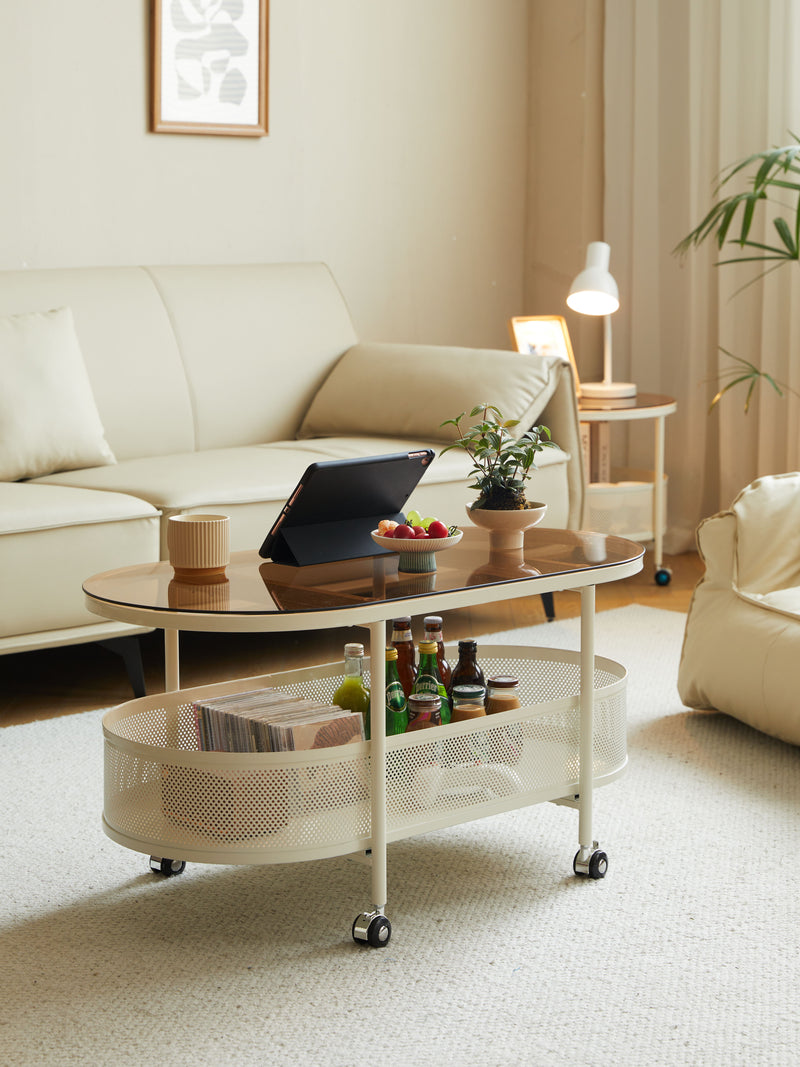 Movable Oval Metal Glass Coffee Table With Storage - White