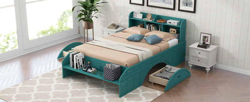 Wood Full Size Platform Bed with 2 Drawers, Storage  Headboard and Footboard, Dark Green