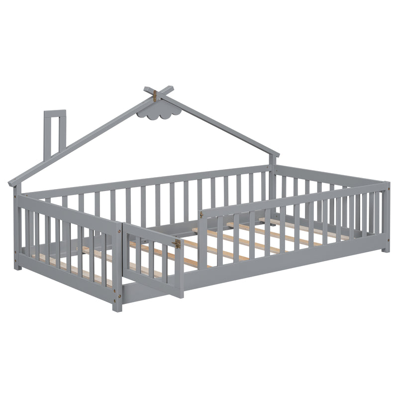 Twin House-Shaped Bedside Floor Bed with Guardrails, Slats, with Door,Grey