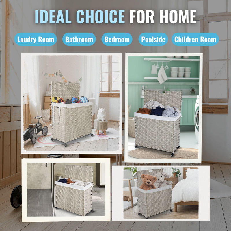 Laundry Hamper With Lid PE Rattan Powder Coating Frame Clothes Hampers With 2 Removable Bags