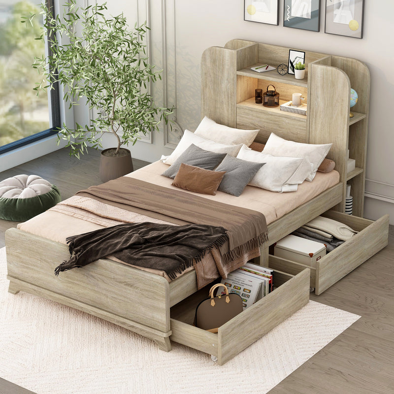 Twin Size Storage Platform Bed Frame with with Two Drawers and Light Strip Design in Headboard,Natural