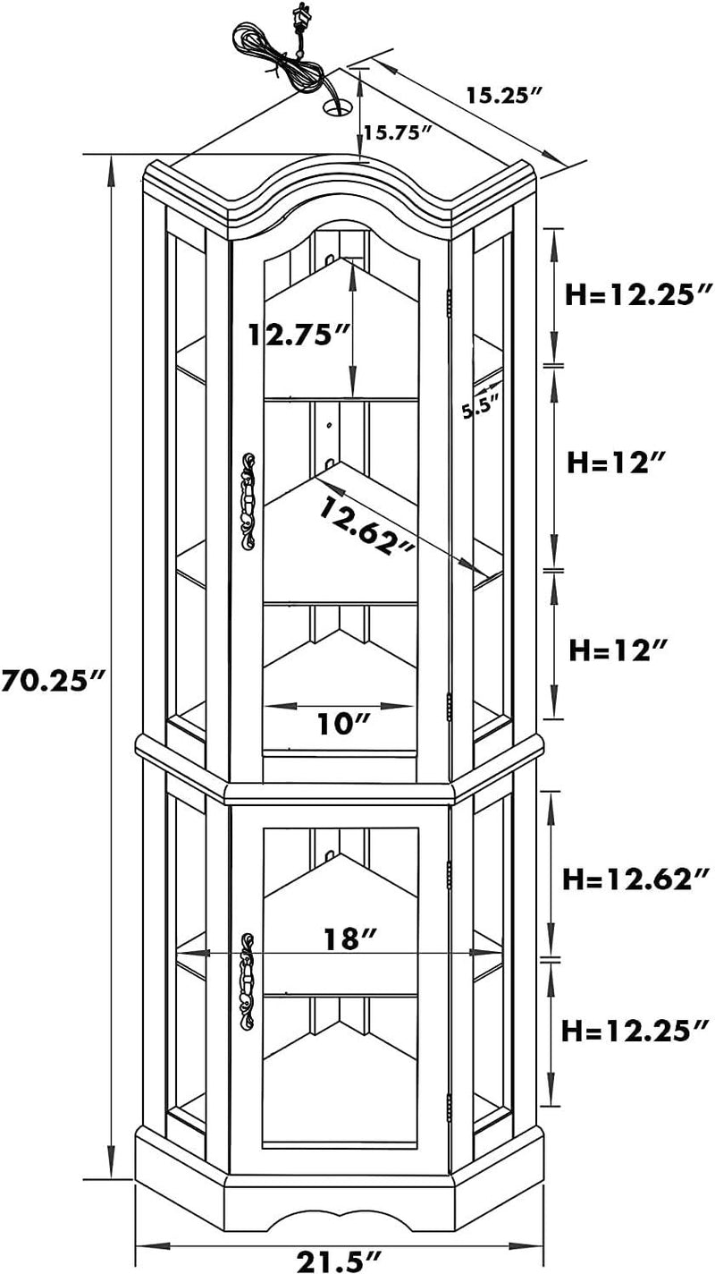 Corner Curio Cabinet With Lights, Adjustable Tempered Glass Shelves, Mirrored Back, Display Cabinet (E26 Light Bulb Not Included) - Walnut