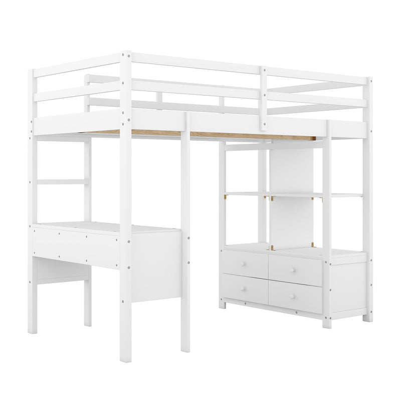 Twin  Size Loft Bed with Built-in Desk with Two Drawers, and Storage Shelves and Drawers,White