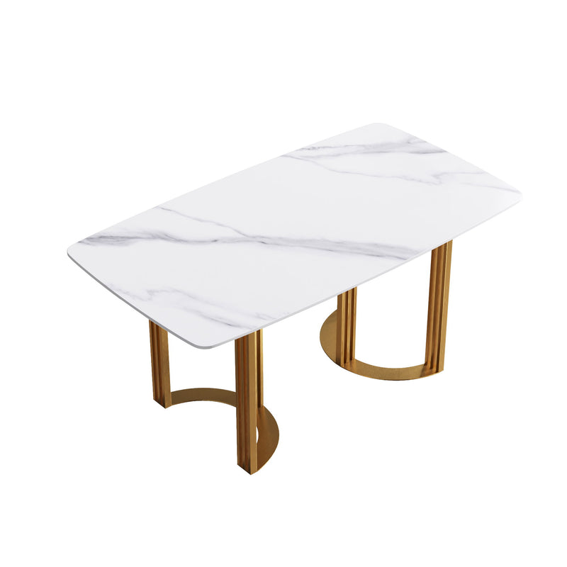 63" Modern Artificial Stone White Curved Metal Leg Dining Table - White / Gold