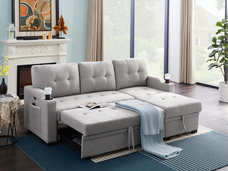 Mabel - Linen Fabric Sleeper Sectional With Cupholder, USB Charging Port And Pocket