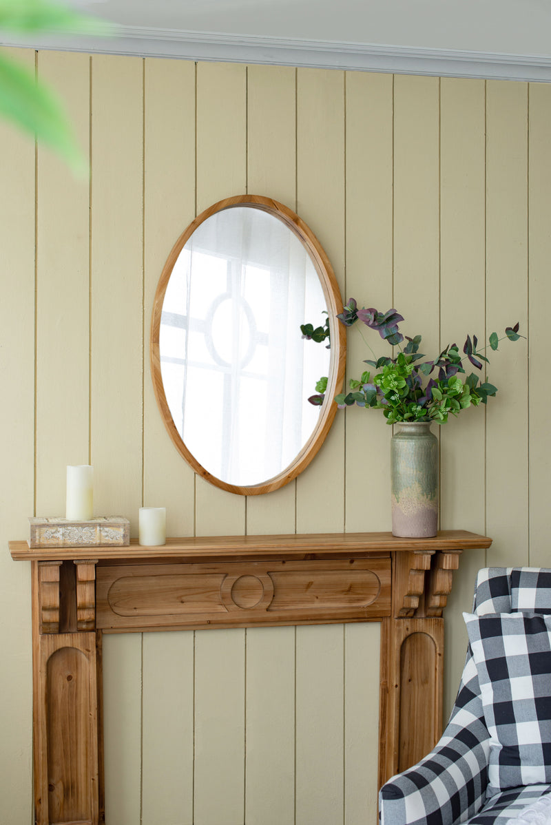 Oval Wall Mirror With Wood Frame, Farmhouse Wood Mirror For Bathroom Entryway Console Lean Against Wall - Brown