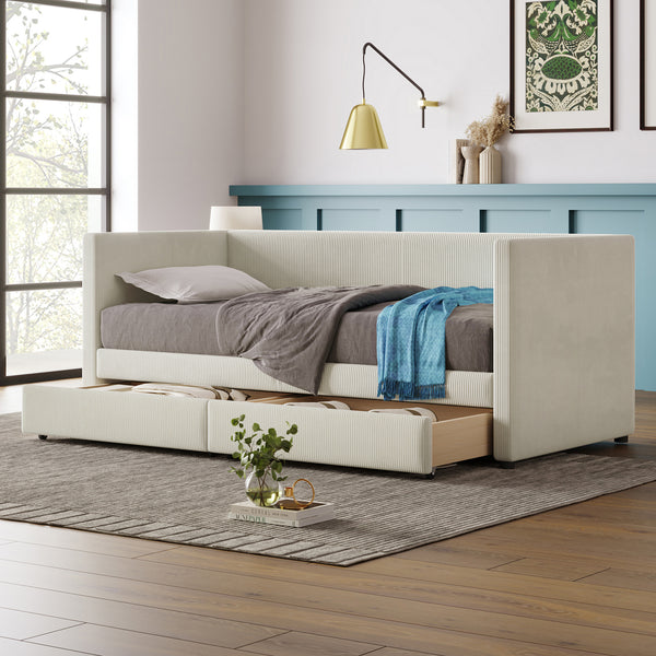 Twin Size Corduroy Daybed with Two Drawers and Wood Slat, Beige