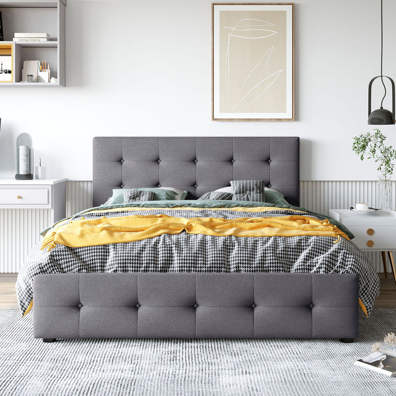 Queen Size Upholstered Platform Bed With Classic Headboard And 4 Drawers, No Box Spring Needed - Dark Gray