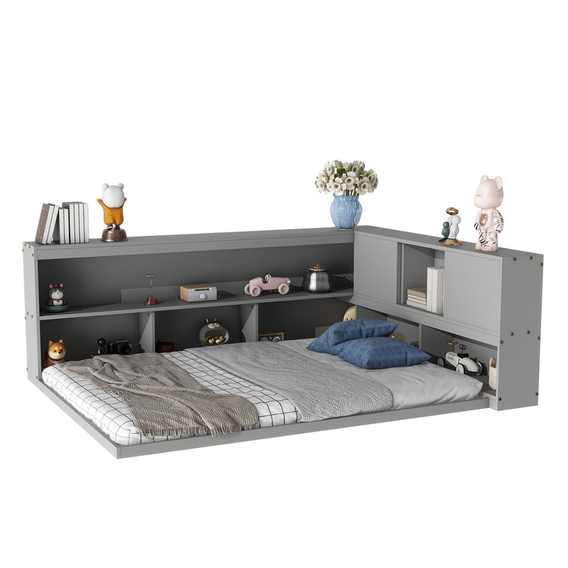 Floor Bed With L-Shaped Bookcases, Sliding Doors, Without Slats