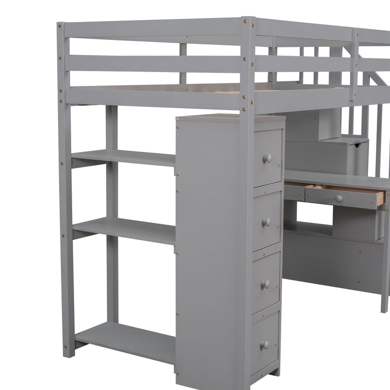 Twin size Loft Bed with Storage Drawers ,Desk and Stairs, Wooden Loft Bed with Shelves - Gray