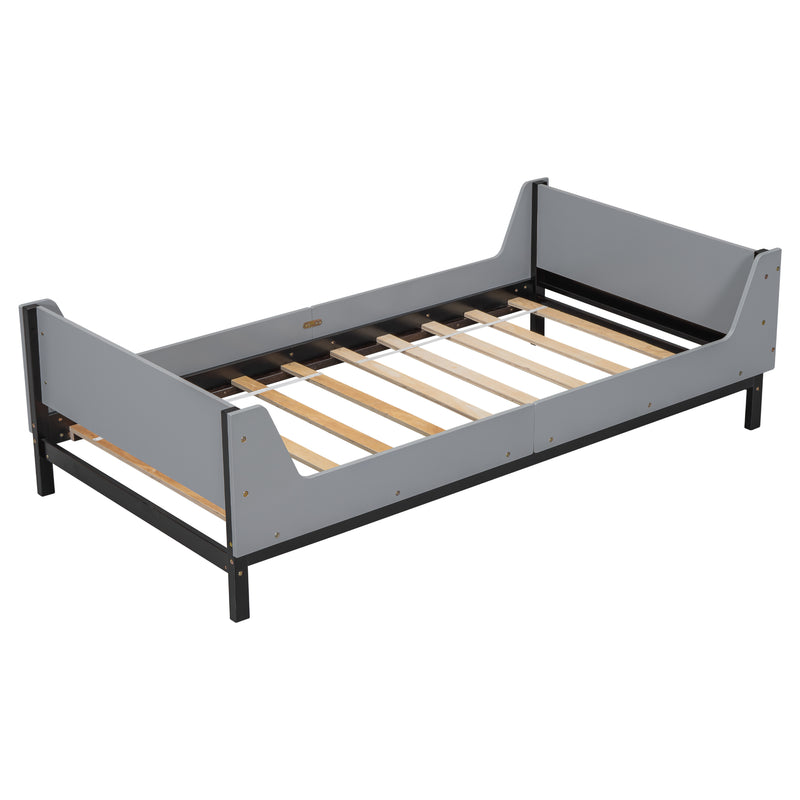 Twin Bed with Headboard, Footboard, Safeguards,  Built-in Bed-end Book Storage Rack ,Grey