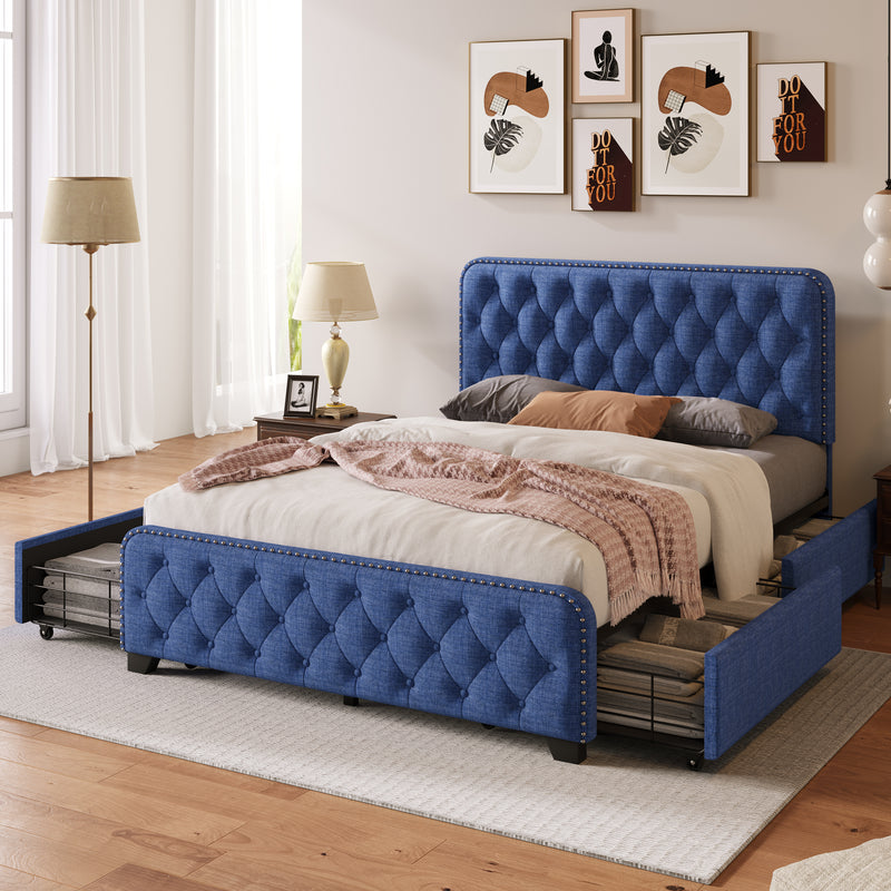 Upholstered Platform Bed Frame with Four Drawers, Button Tufted Headboard and Footboard Sturdy Metal Support, No Box Spring Required, Blue, Full (Old sku:BS300281AAC)