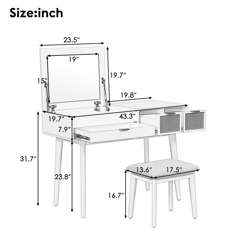 Classic Wood Makeup Vanity Set With Flip-Top Mirror And Stool, Dressing Table With Three Drawers And Storage Space