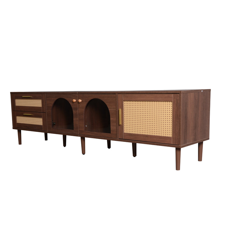 Rattan TV Stand with 3 Cabinets & 2 Drawers, Rattan-inspired Media Console Table for TVs up to 80'', LED Light Entertainment Center, TV cabinet for Living room, Bedroom, Home Theatre