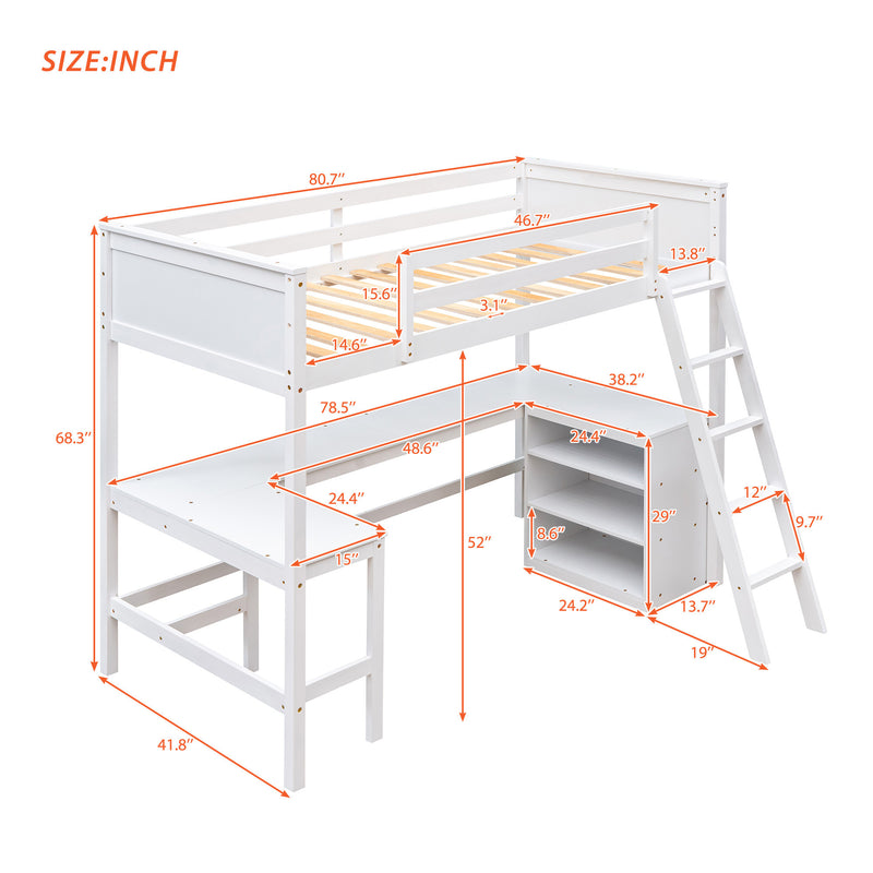 Twin size Loft Bed with Shelves and Desk, Wooden Loft Bed with Desk - White(OLD SKU:LT000537AAK)