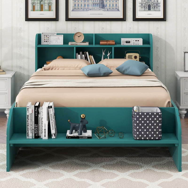 Wood Full Size Platform Bed with 2 Drawers, Storage  Headboard and Footboard, Dark Green