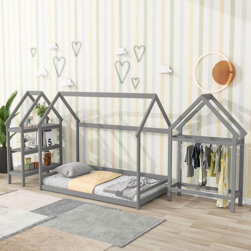 Wood House Bed With Storage Shelf And Hanger, Kids Bedroom Set