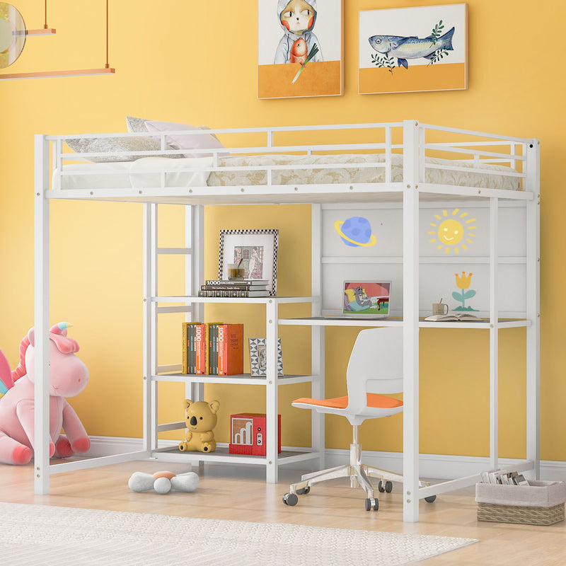 Full Size Loft Bed With Desk And Whiteboard, Metal Loft Bed With 3 Shelves And Ladder - White