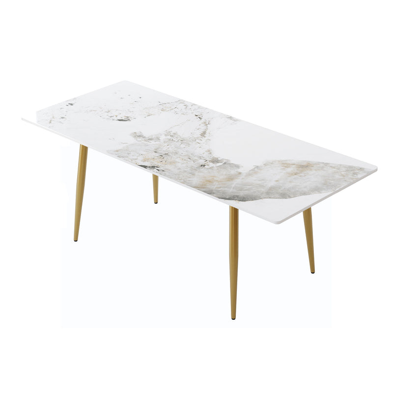 78.74" Modern Artificial Stone Pandora Straight Edge Golden Metal Leg Dining Table, Can Accommodate 8 People - White