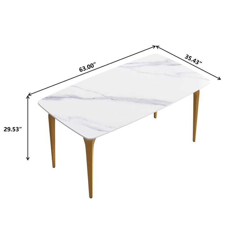 63" Modern Artificial Stone Curved Golden Metal Leg Dining Table, 6 People - White / Gold