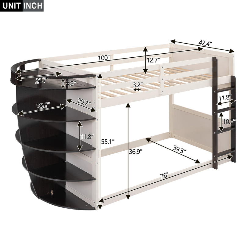 Twin over Twin Boat-Like Shape Bunk Bed with Storage Shelves, Cream+Espresso