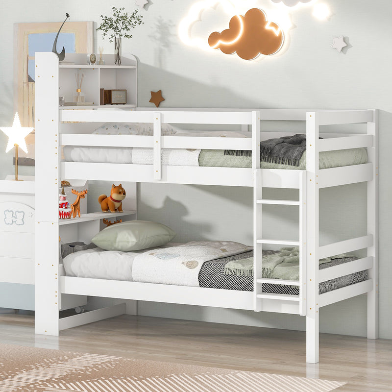 Twin Over Twin Bunk Beds with Bookcase Headboard, Solid Wood Bed Frame with Safety Rail and Ladder, Kids/Teens Bedroom, Guest Room Furniture, Can Be converted into 2 Beds, White