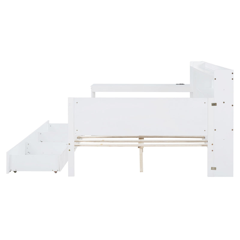 Full Size Wooden Daybed With 3 Drawers, USB Ports And Desk - White