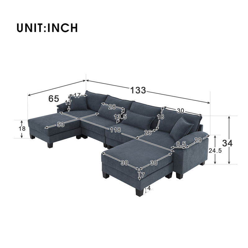 [VIDEO provided] [New] 133*65" Corduroy Modular Sectional Sofa,U Shaped Couch with Armrest Bags,6 Seat Freely Combinable Sofa Bed,Comfortable and Spacious Indoor Furniture for Living Room, 2 Colors